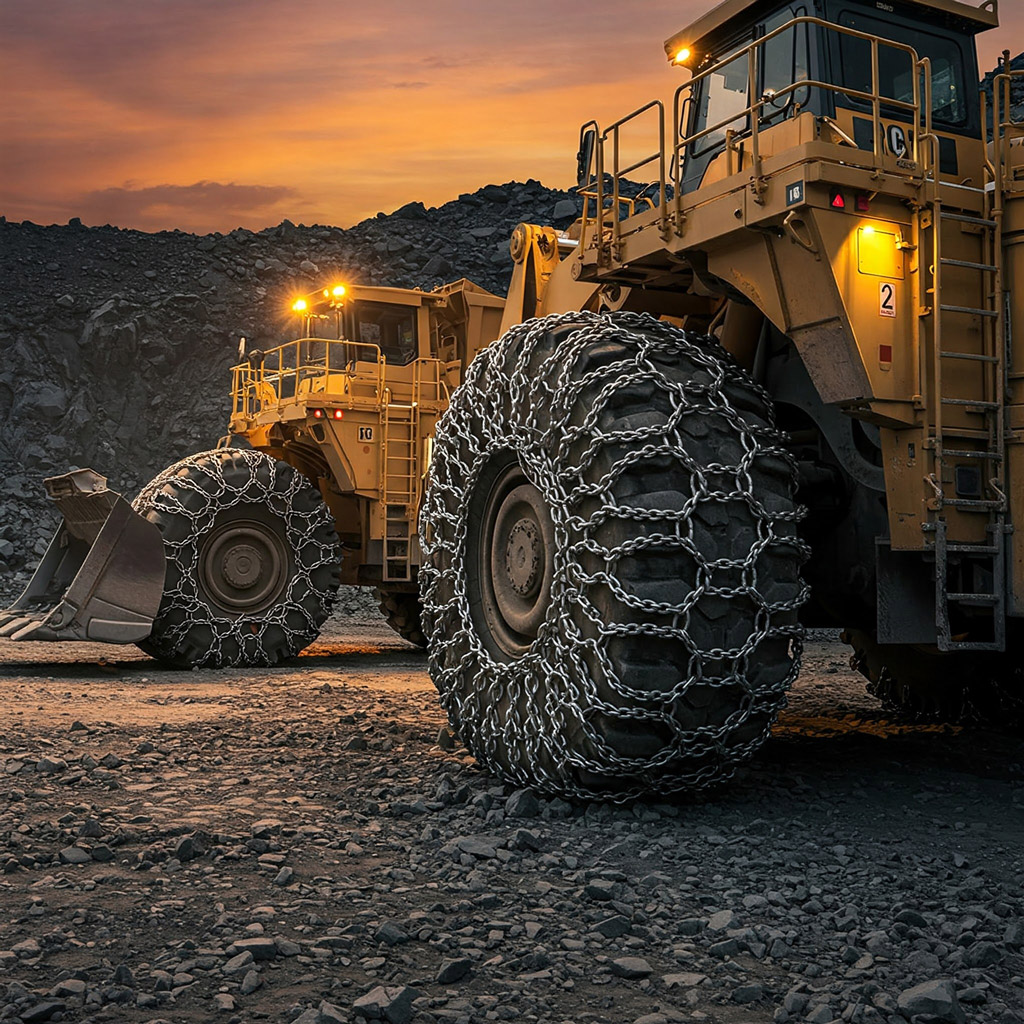 A tractor in a muddy field fitted with Tire Protection Chains, enhancing traction and preventing slippage in wet and uneven conditions.