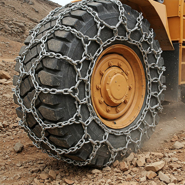 Tire protection chains form a robust barrier around the entire tire surface