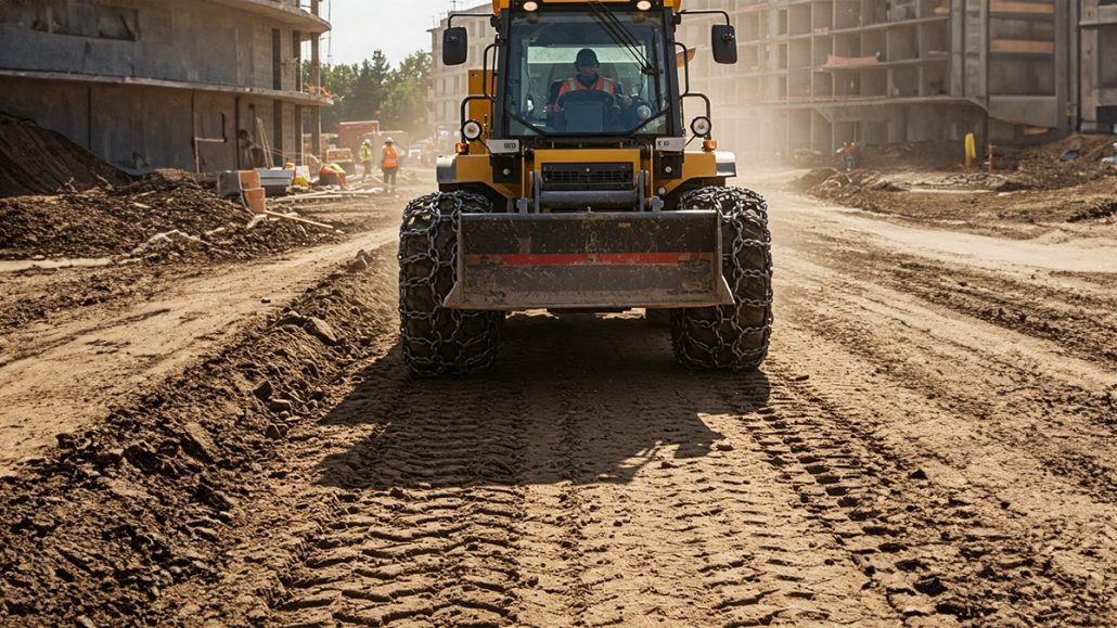 Workers installing Tire Protection Chains on a large industrial tire, ensuring durability, safety, and extended tire lifespan in harsh environments.