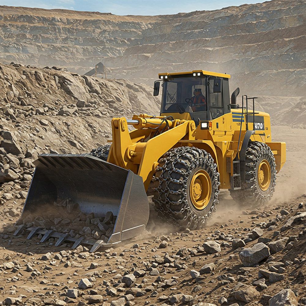 Heavy construction vehicle with traction chains working on rough terrain.